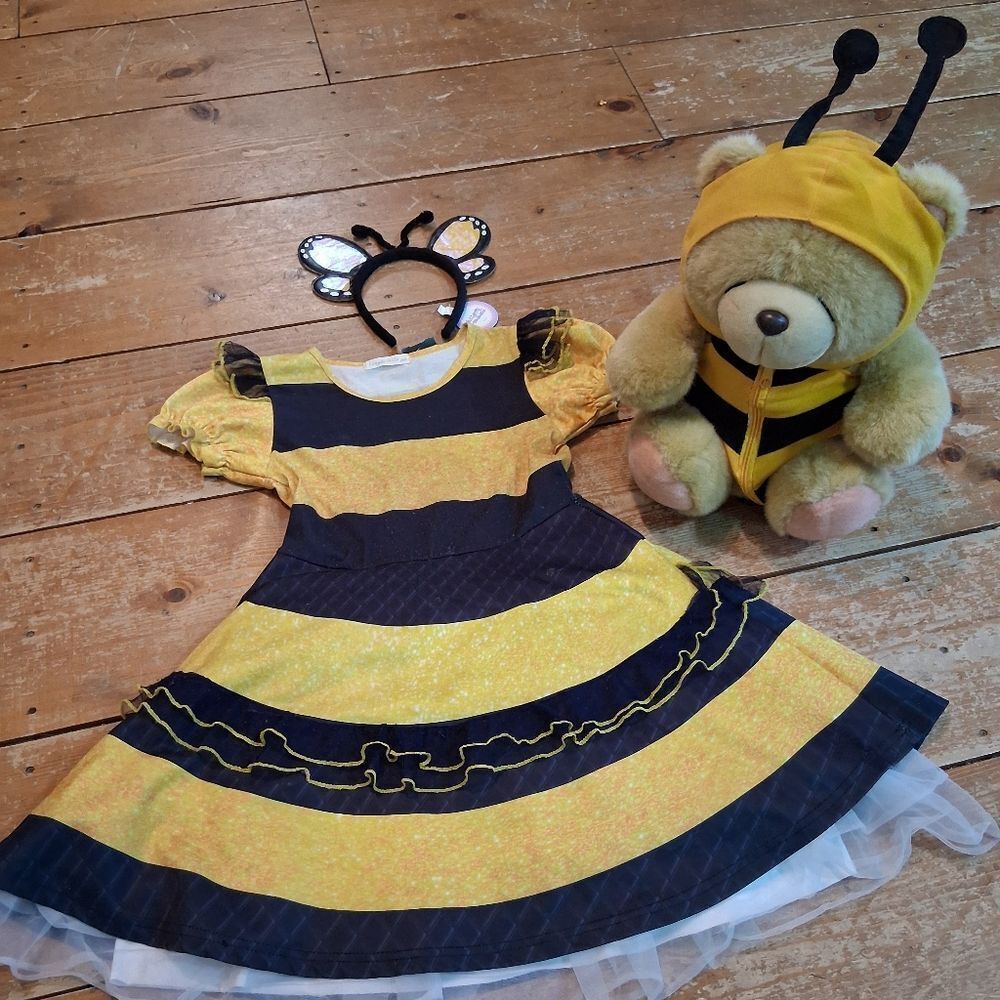 Cute Bumblebee/butterfly costume dress (8-10) with butterfly headband & bear